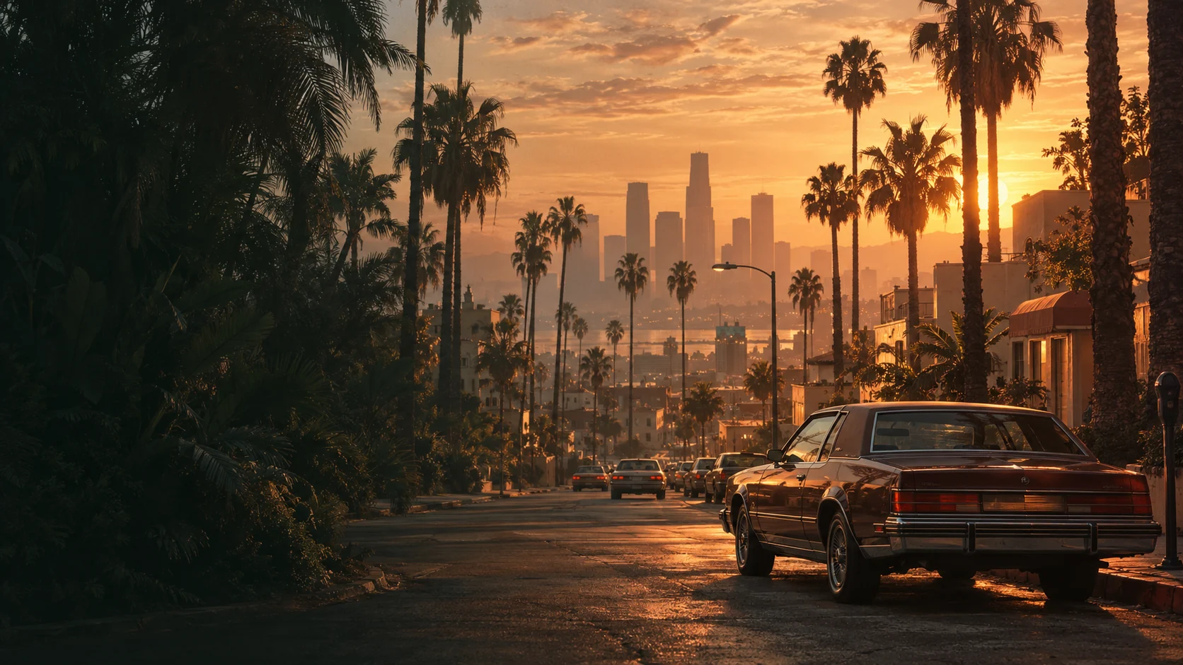 Atmosphärisches Motiv: ein klassischer Wagen in Los Santos bei Sonnenuntergang.